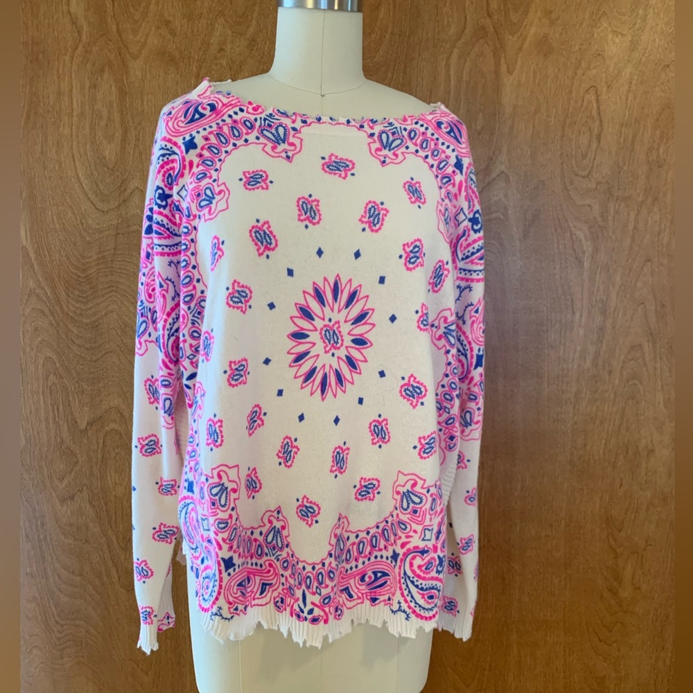 Kujten Cream, Pink, Blue Bandana Sweater, Size L